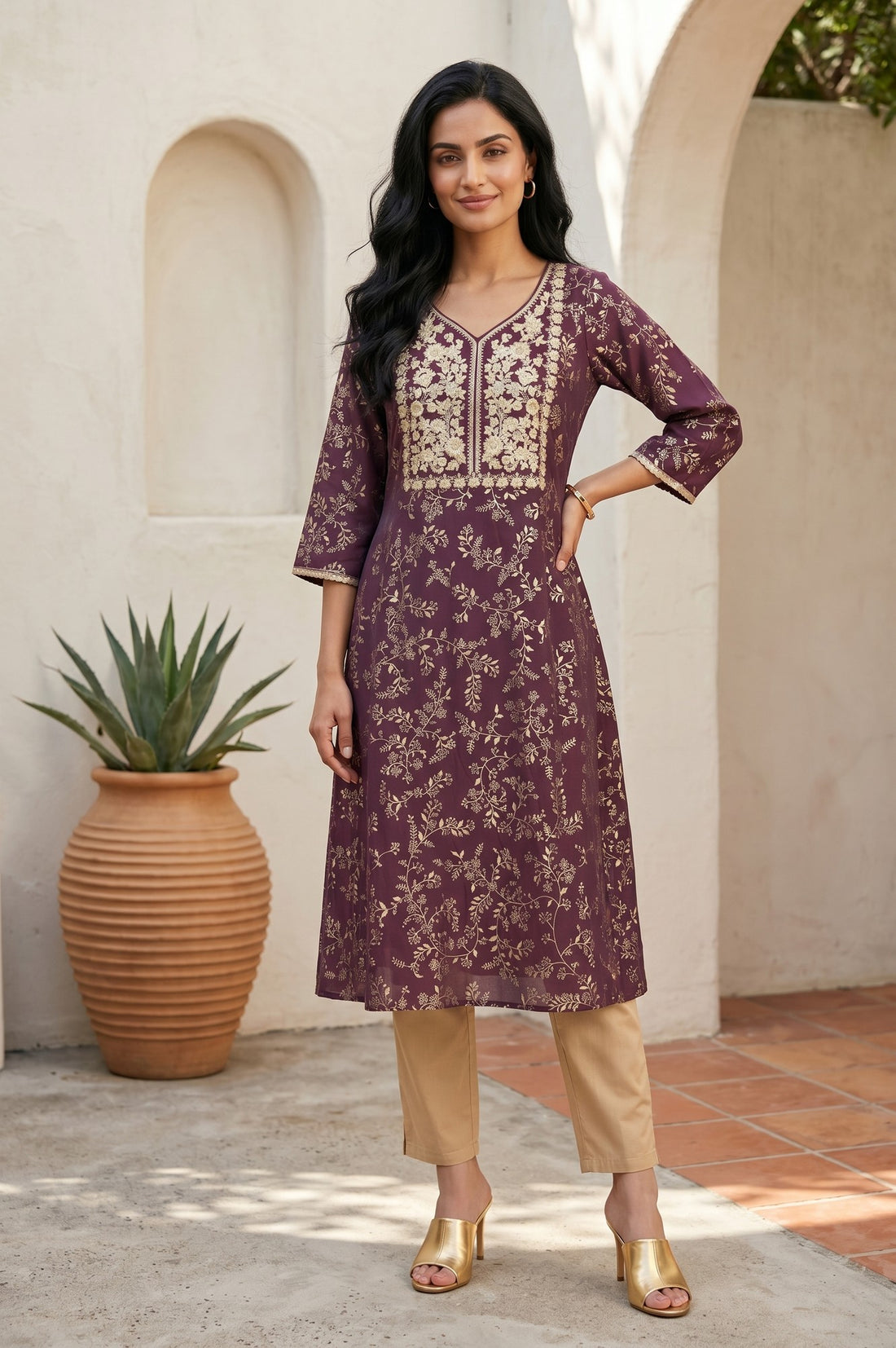 Purple Floral Printed Thread Embroidered Viscose Blend A-line Kurta