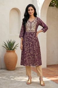 Purple Floral Printed Thread Embroidered Viscose Blend A-line Kurta