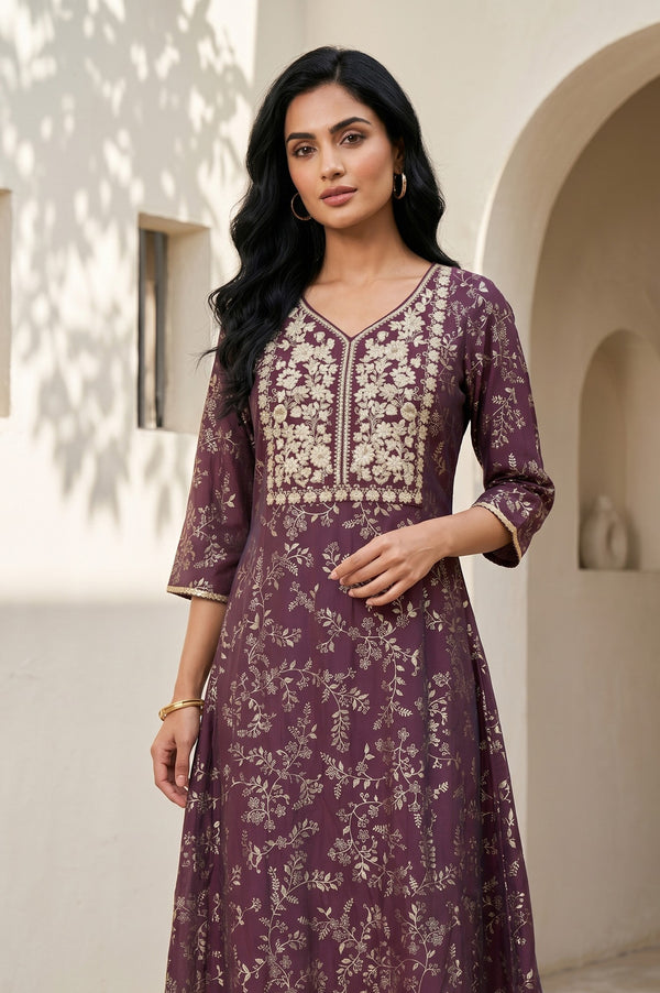 Purple Floral Printed Thread Embroidered Viscose Blend A-line Kurta