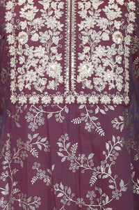 Purple Floral Printed Thread Embroidered Viscose Blend A-line Kurta
