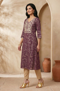 Purple Floral Printed Thread Embroidered Viscose Blend A-line Kurta