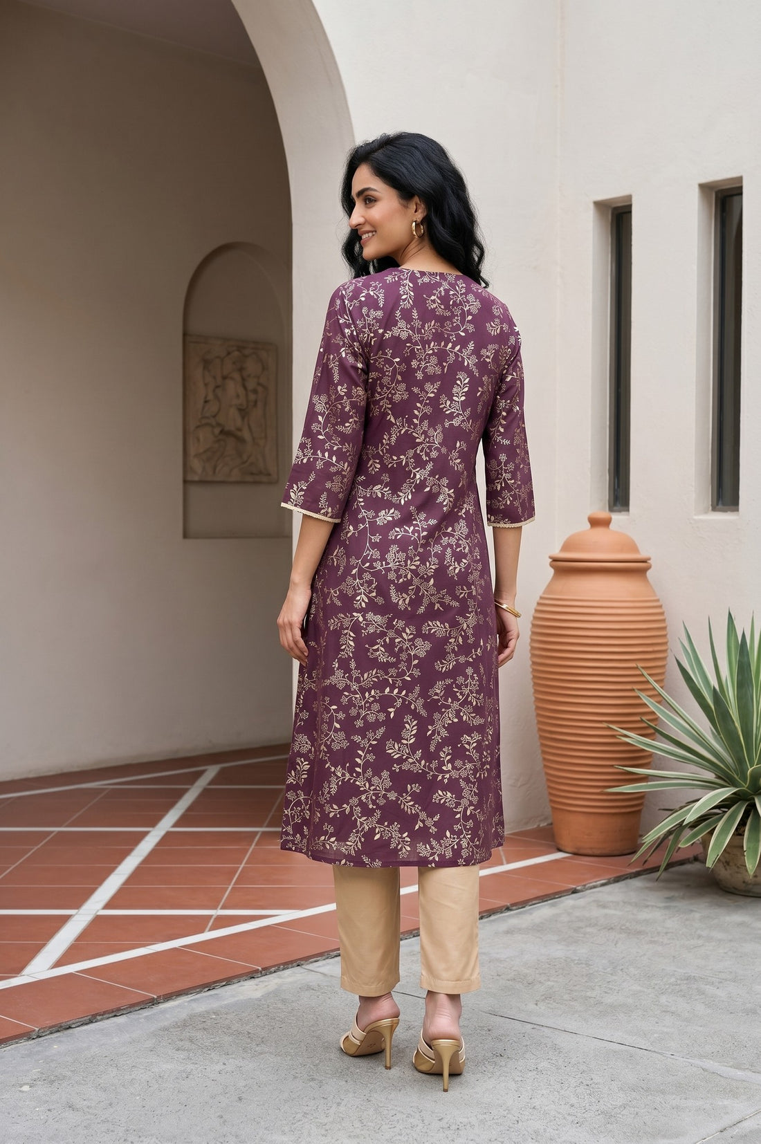 Purple Floral Printed Thread Embroidered Viscose Blend A-line Kurta