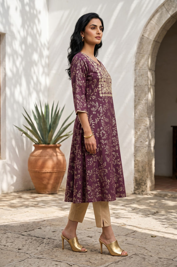 Purple Floral Printed Thread Embroidered Viscose Blend A-line Kurta