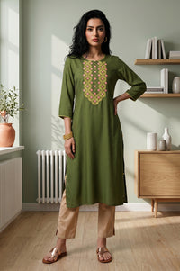 Olive Embroidered Straight Kurta