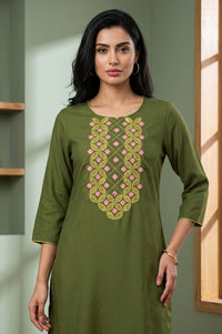Olive Embroidered Straight Kurta