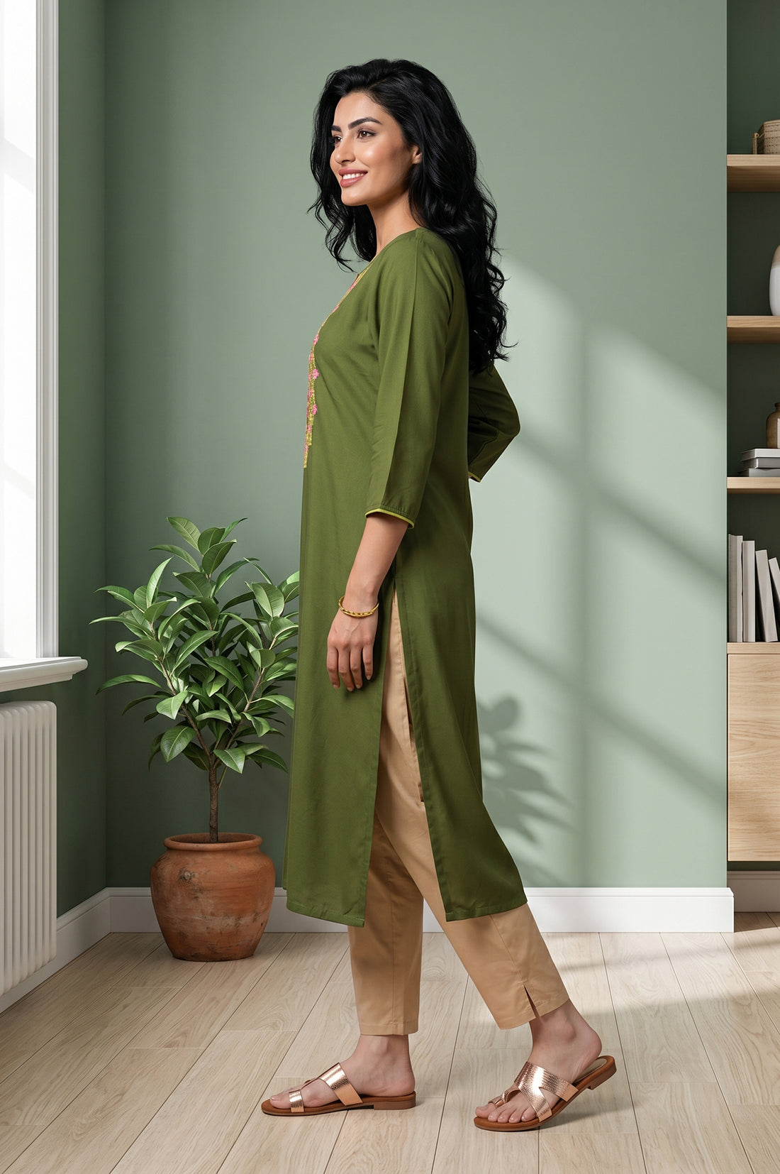 Olive Embroidered Straight Kurta