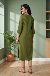 Olive Embroidered Straight Kurta