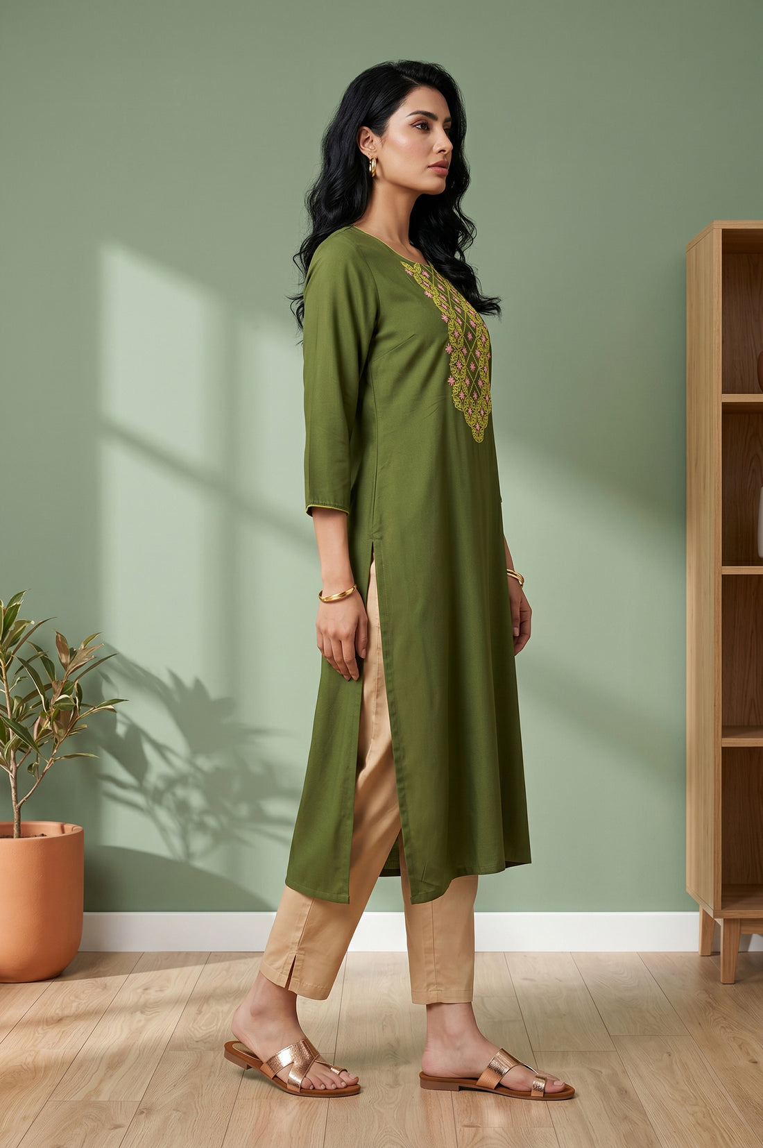 Olive Embroidered Straight Kurta