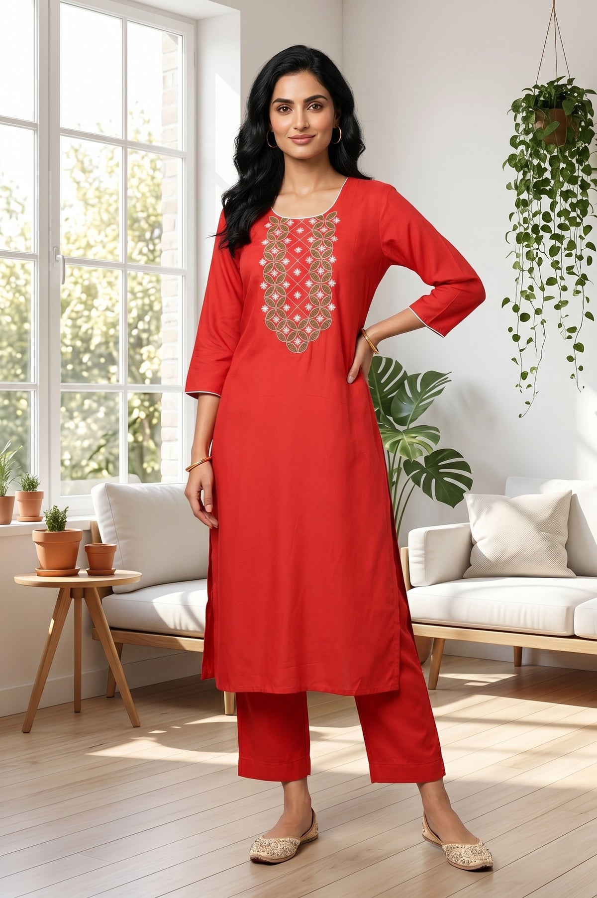 Red Embroidered Straight Kurta - S