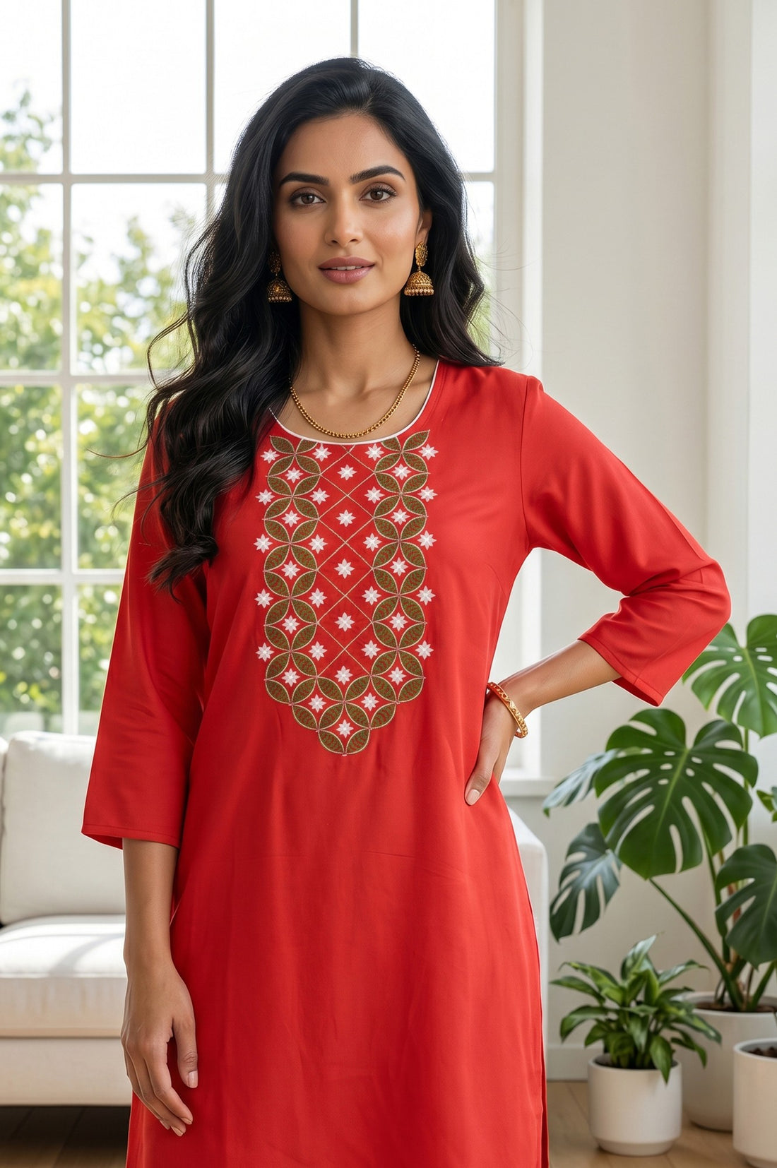 Red Embroidered Straight Kurta