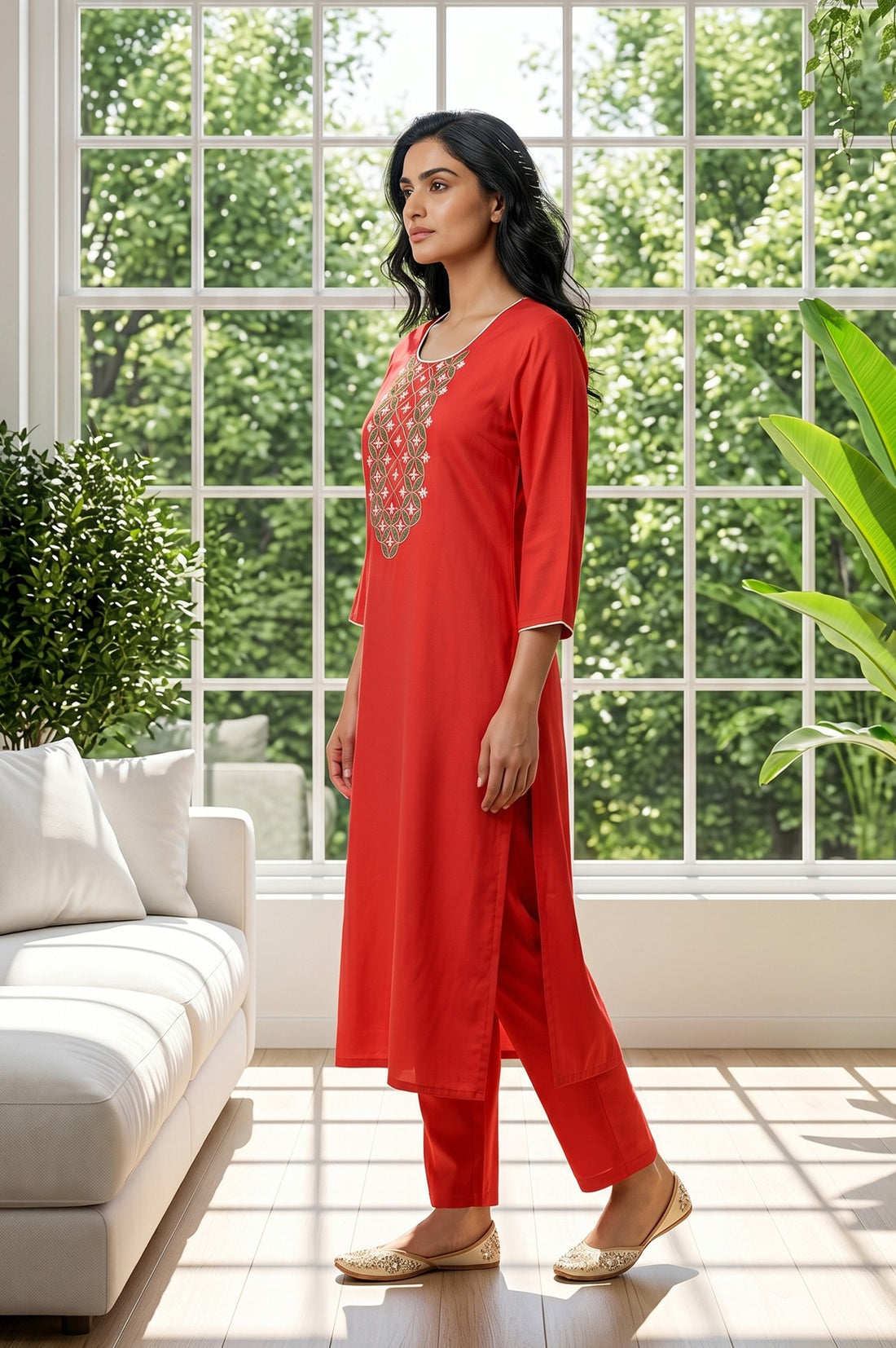 Red Embroidered Straight Kurta