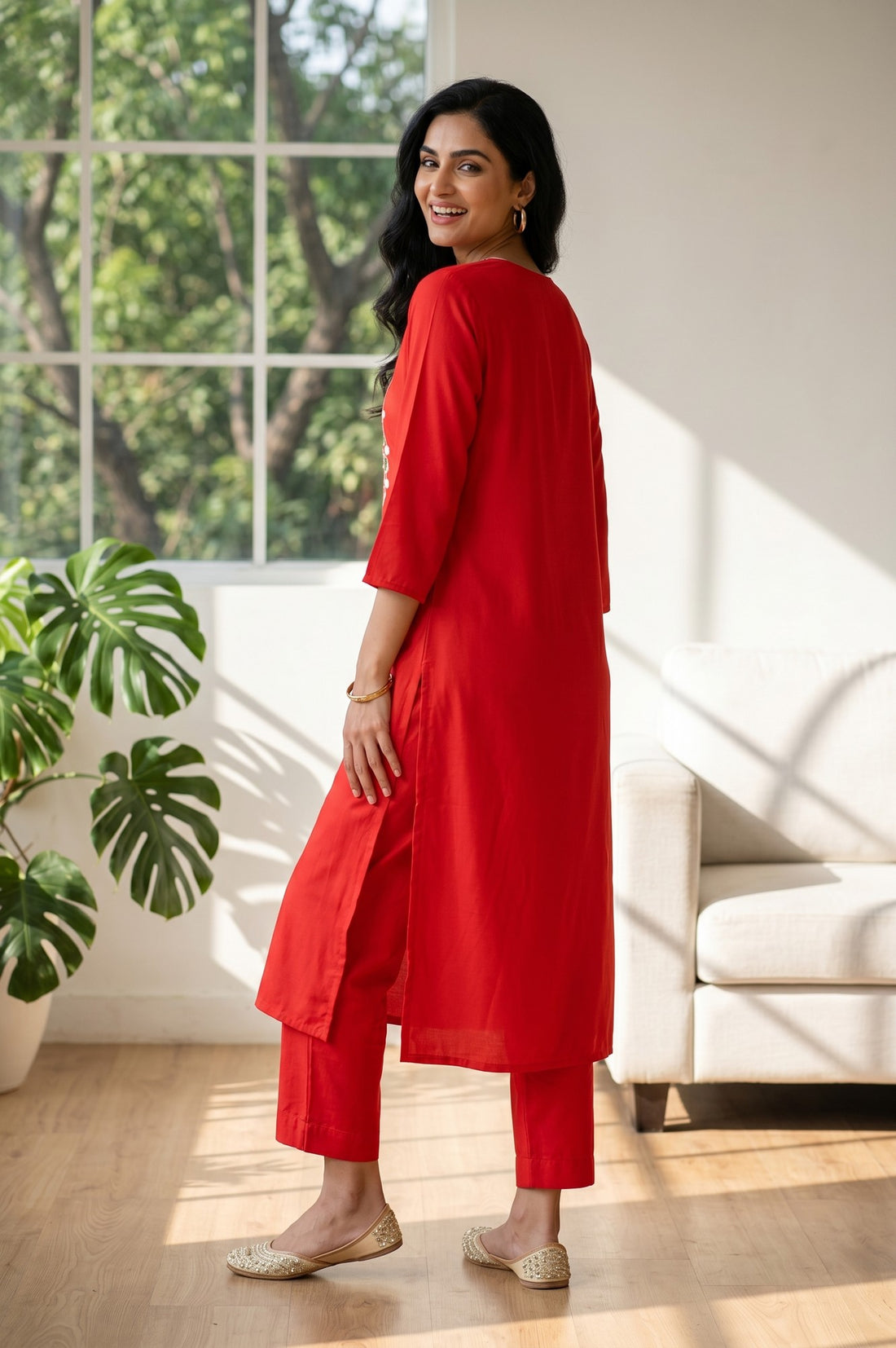Red Embroidered Straight Kurta