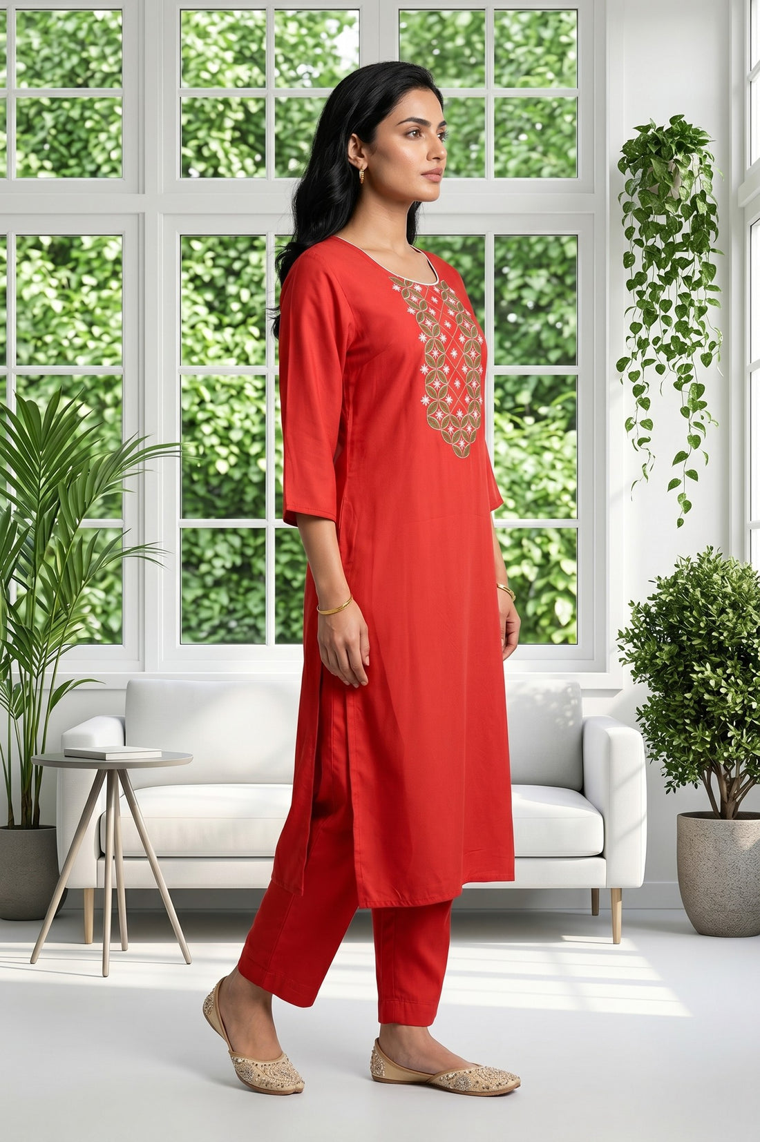 Red Embroidered Straight Kurta