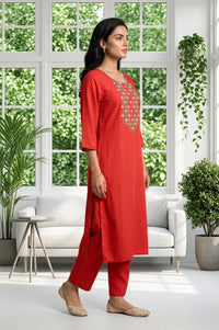Red Embroidered Straight Kurta