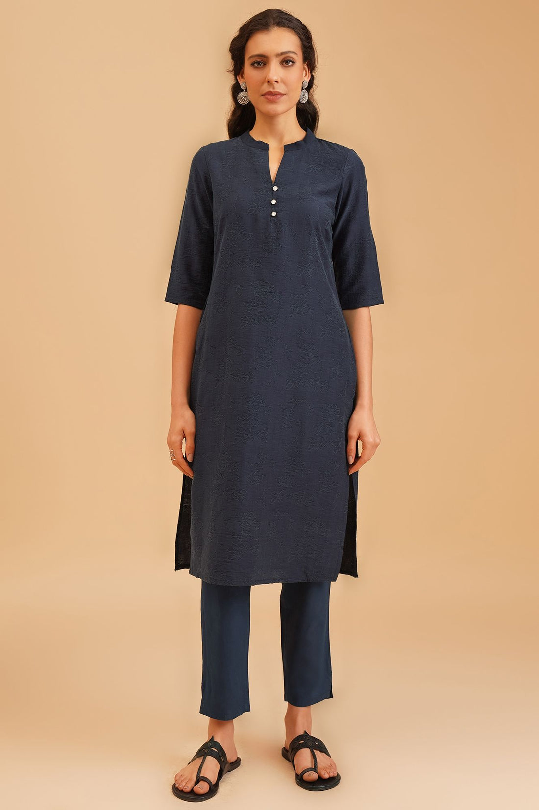 Navy Blue Jacquard Straight Kurta