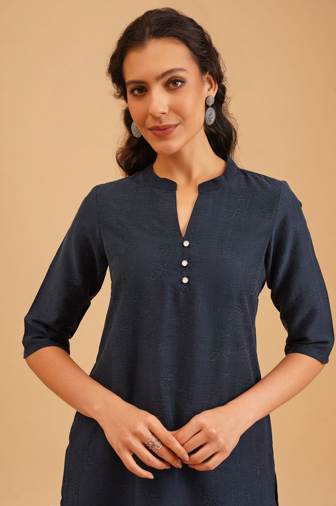 Navy Blue Jacquard Straight Kurta