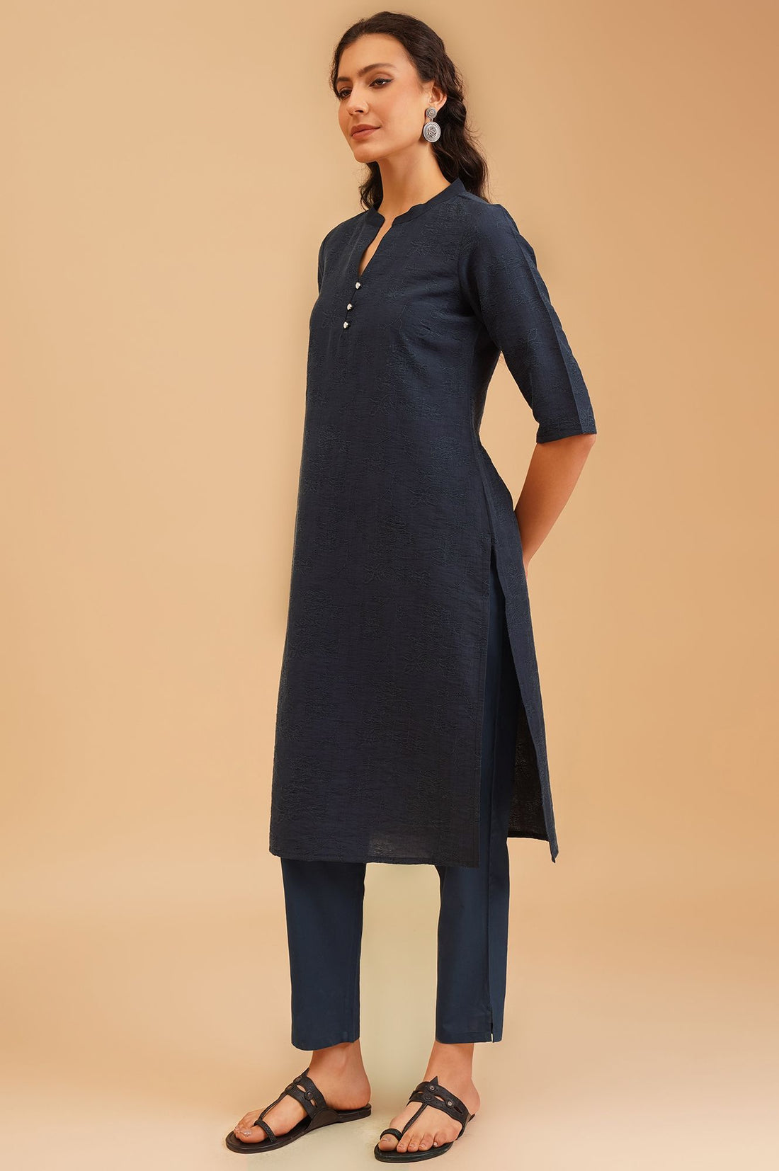 Navy Blue Jacquard Straight Kurta
