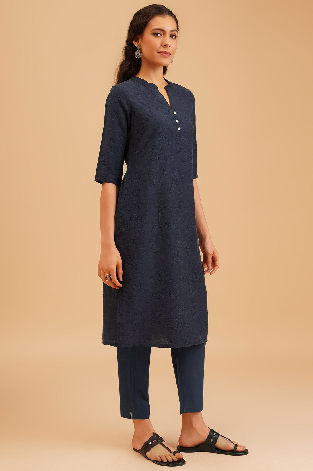 Navy Blue Jacquard Straight Kurta