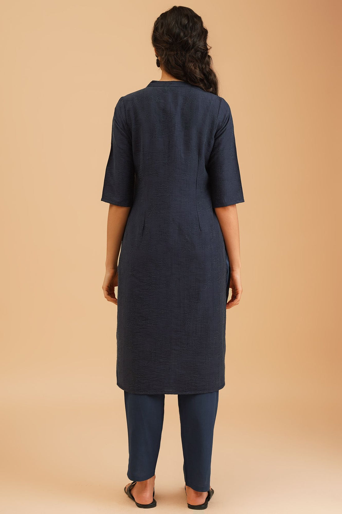 Navy Blue Jacquard Straight Kurta