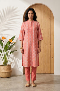 Brick Brown Floral Printed Pure Cotton Straight Kurta