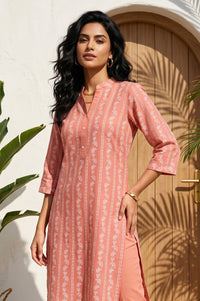 Brick Brown Floral Printed Pure Cotton Straight Kurta
