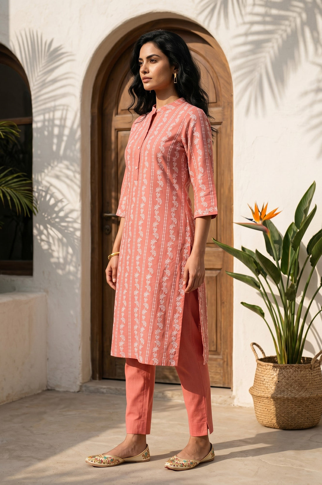 Brick Brown Floral Printed Pure Cotton Straight Kurta