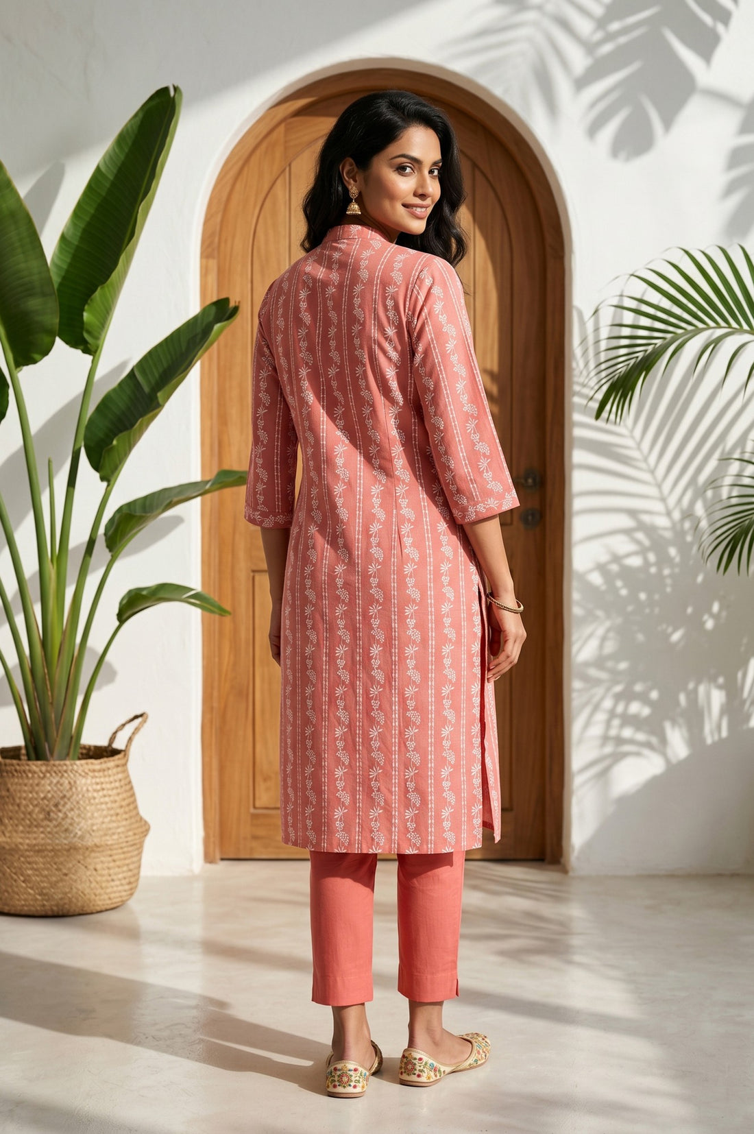 Brick Brown Floral Printed Pure Cotton Straight Kurta