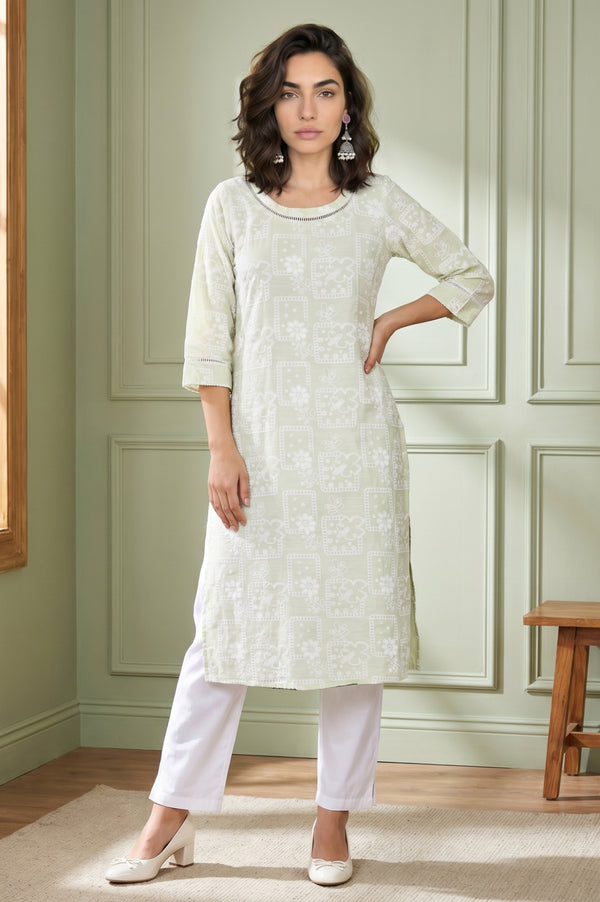 Light Green Geometric Printed Rayon Straight Kurta