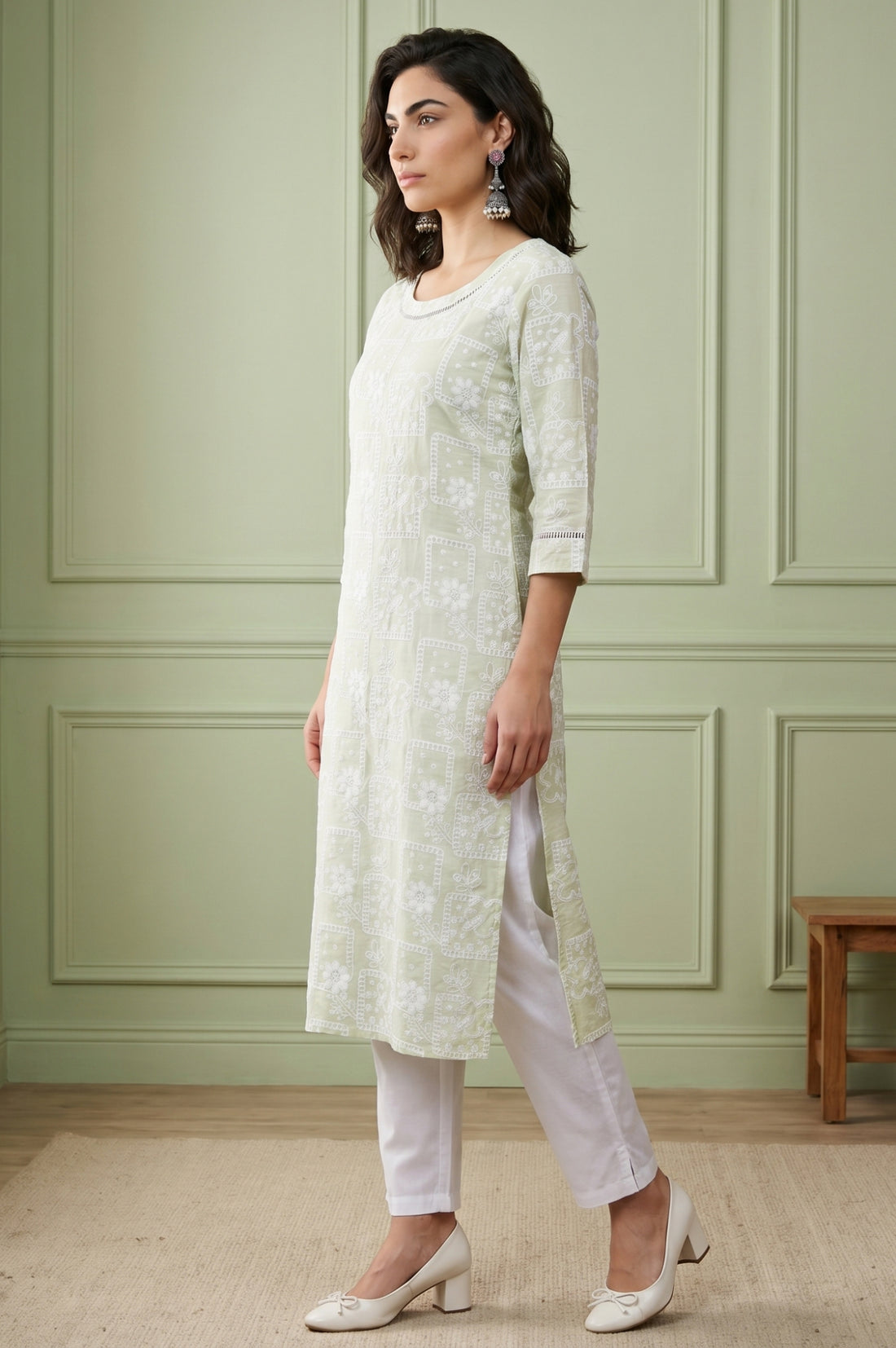 Light Green Geometric Printed Rayon Straight Kurta