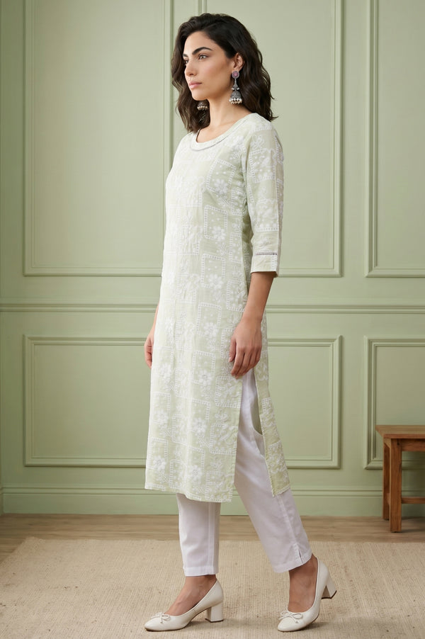 Light Green Geometric Printed Rayon Straight Kurta