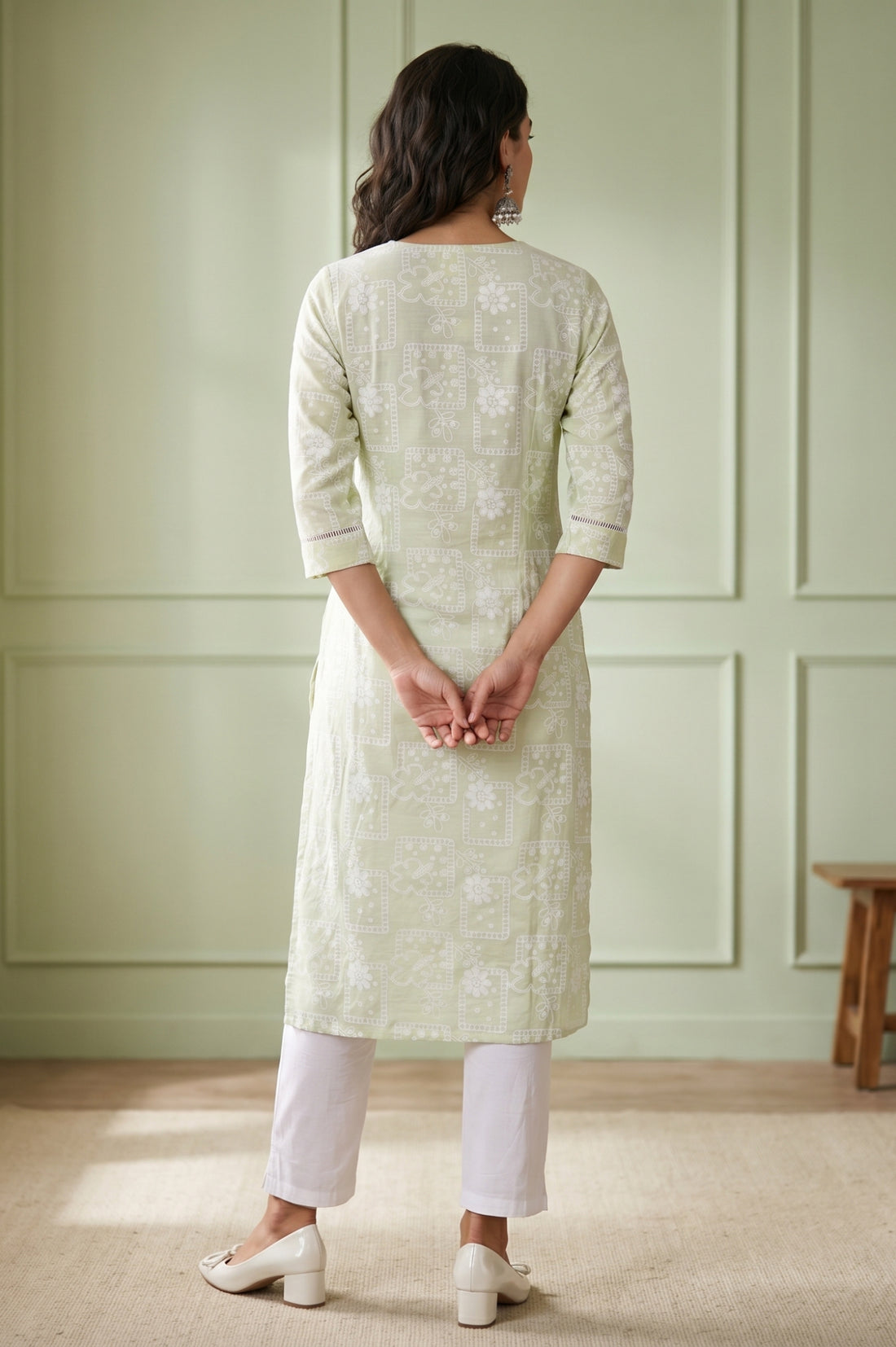 Light Green Geometric Printed Rayon Straight Kurta