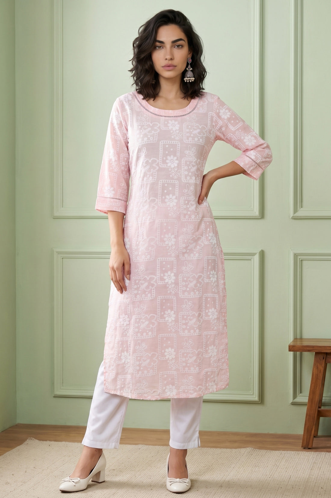 Pink Geometric Printed Rayon Straight Kurta