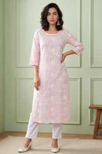 Pink Geometric Printed Rayon Straight Kurta