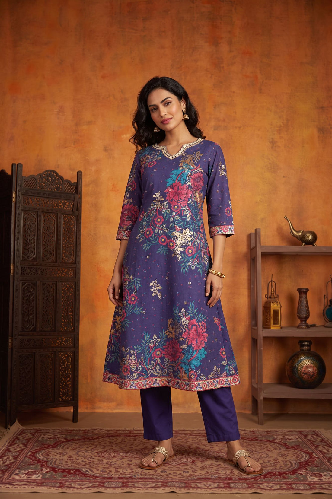 Blue Floral Printed A-line Kurta