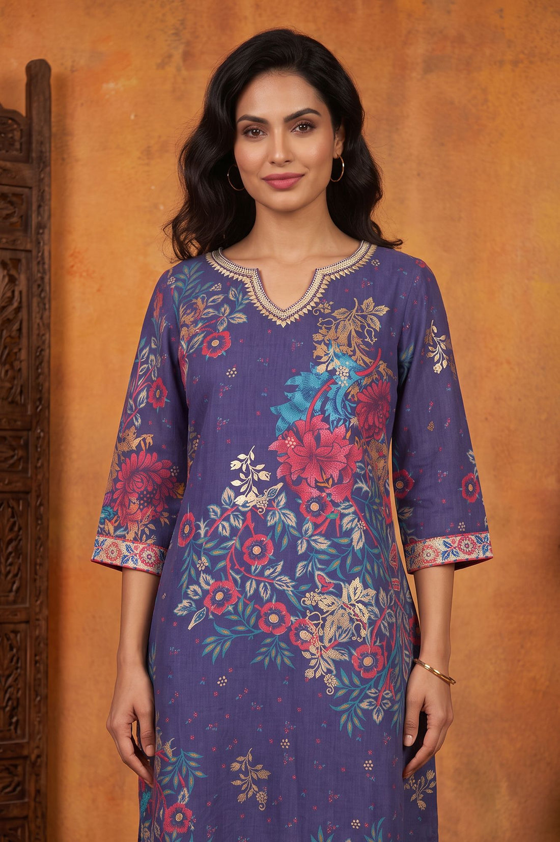 Blue Floral Printed A-line Kurta
