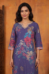 Blue Floral Printed A-line Kurta