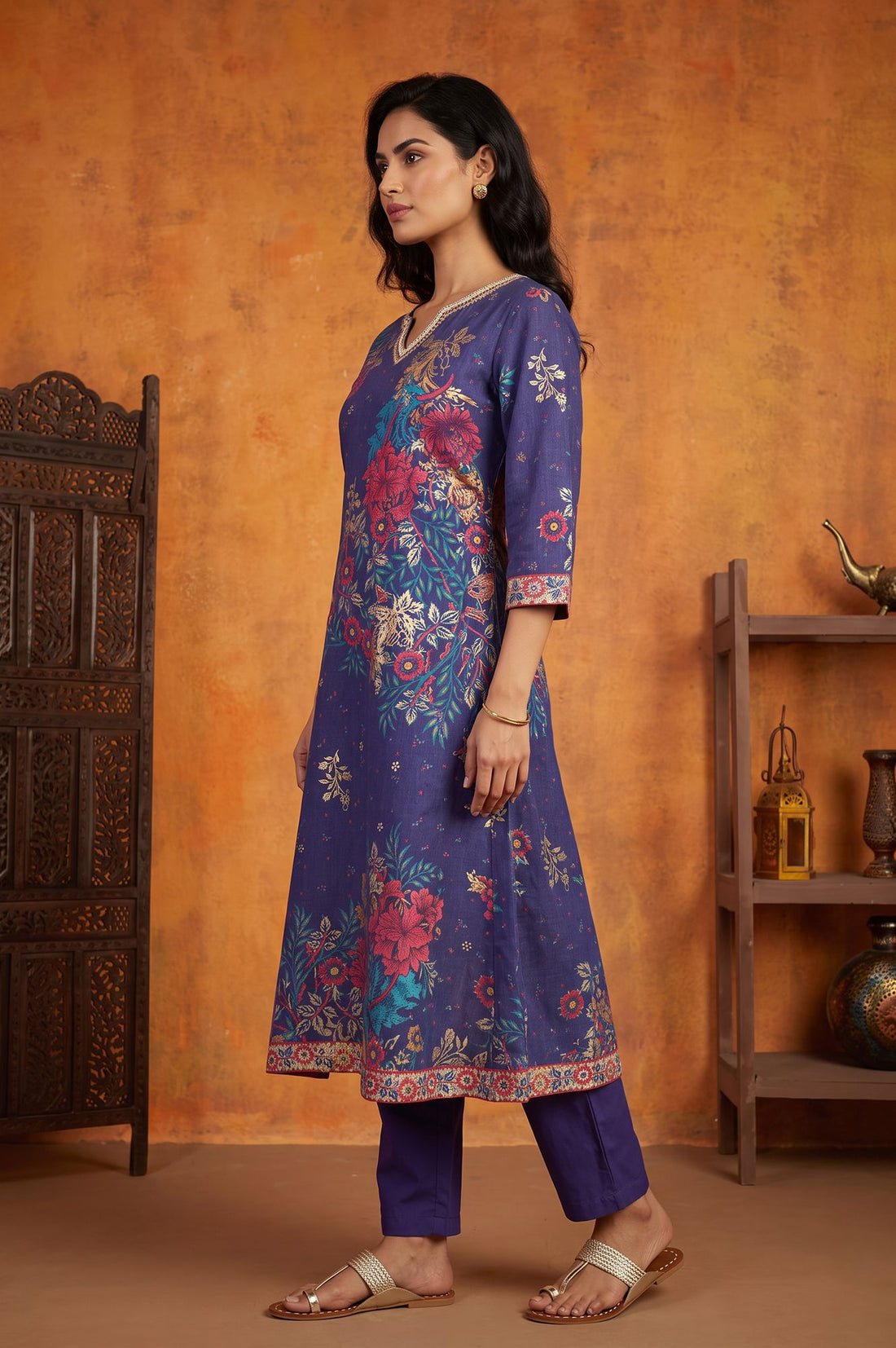 Blue Floral Printed A-line Kurta