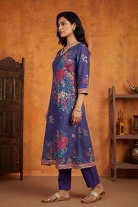 Blue Floral Printed A-line Kurta