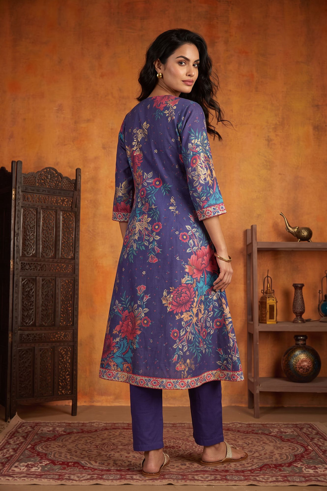 Blue Floral Printed A-line Kurta