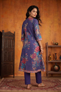 Blue Floral Printed A-line Kurta