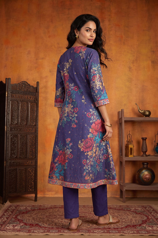 Blue Floral Printed A-line Kurta