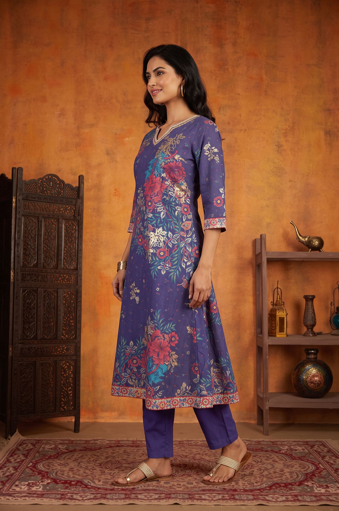 Blue Floral Printed A-line Kurta
