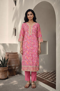Pink Floral Printed Sequins Silk Straight Kurta