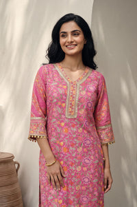 Pink Floral Printed Sequins Silk Straight Kurta