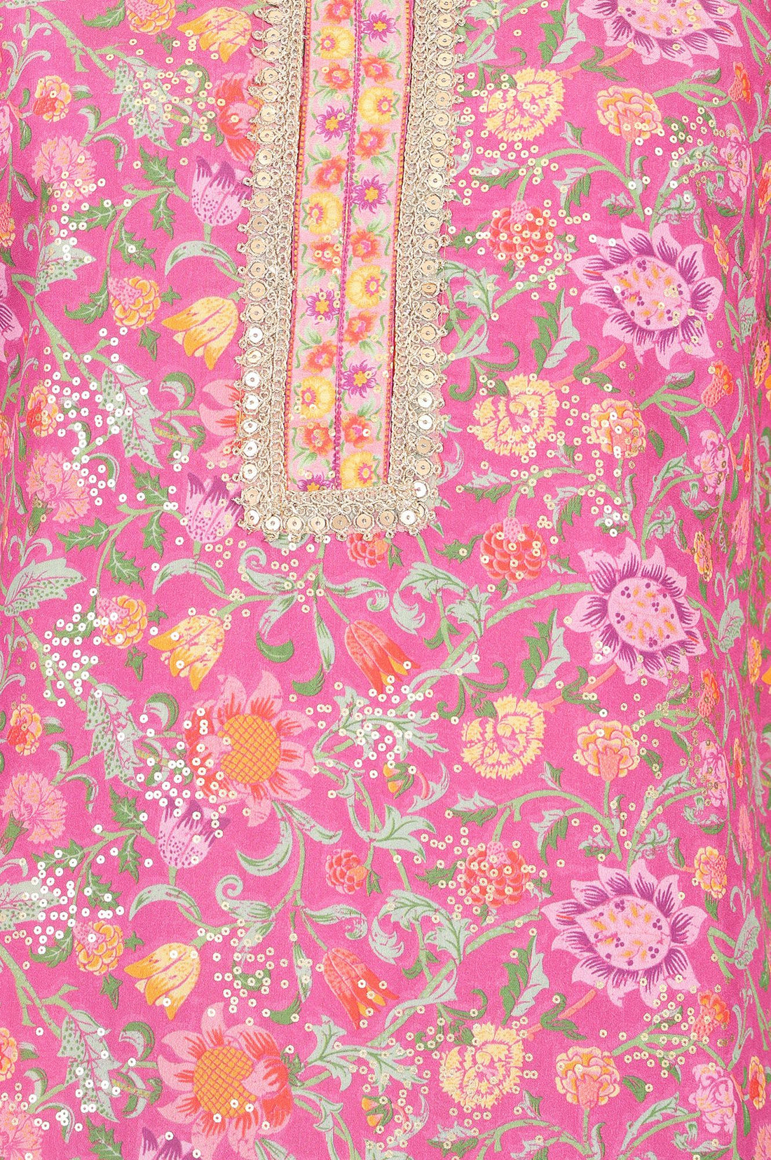 Pink Floral Printed Sequins Silk Straight Kurta