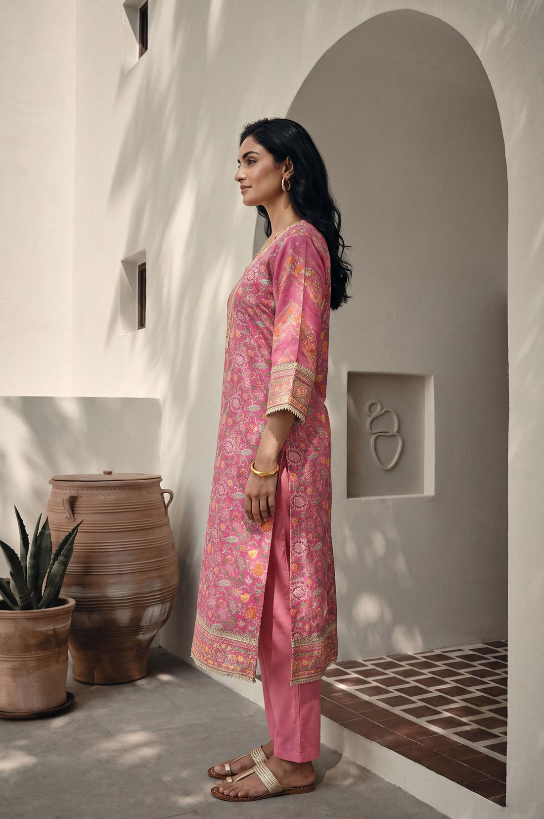 Pink Floral Printed Sequins Silk Straight Kurta