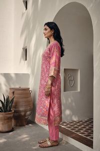Pink Floral Printed Sequins Silk Straight Kurta