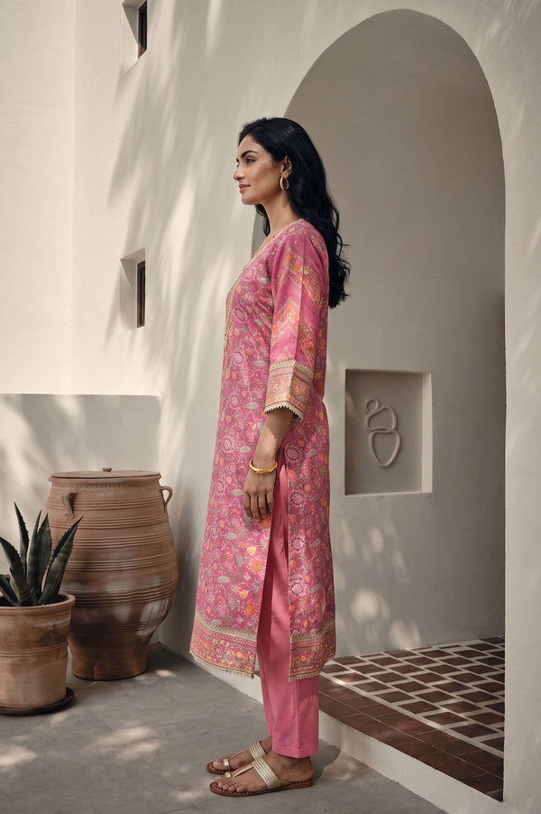 Pink Floral Printed Sequins Silk Straight Kurta