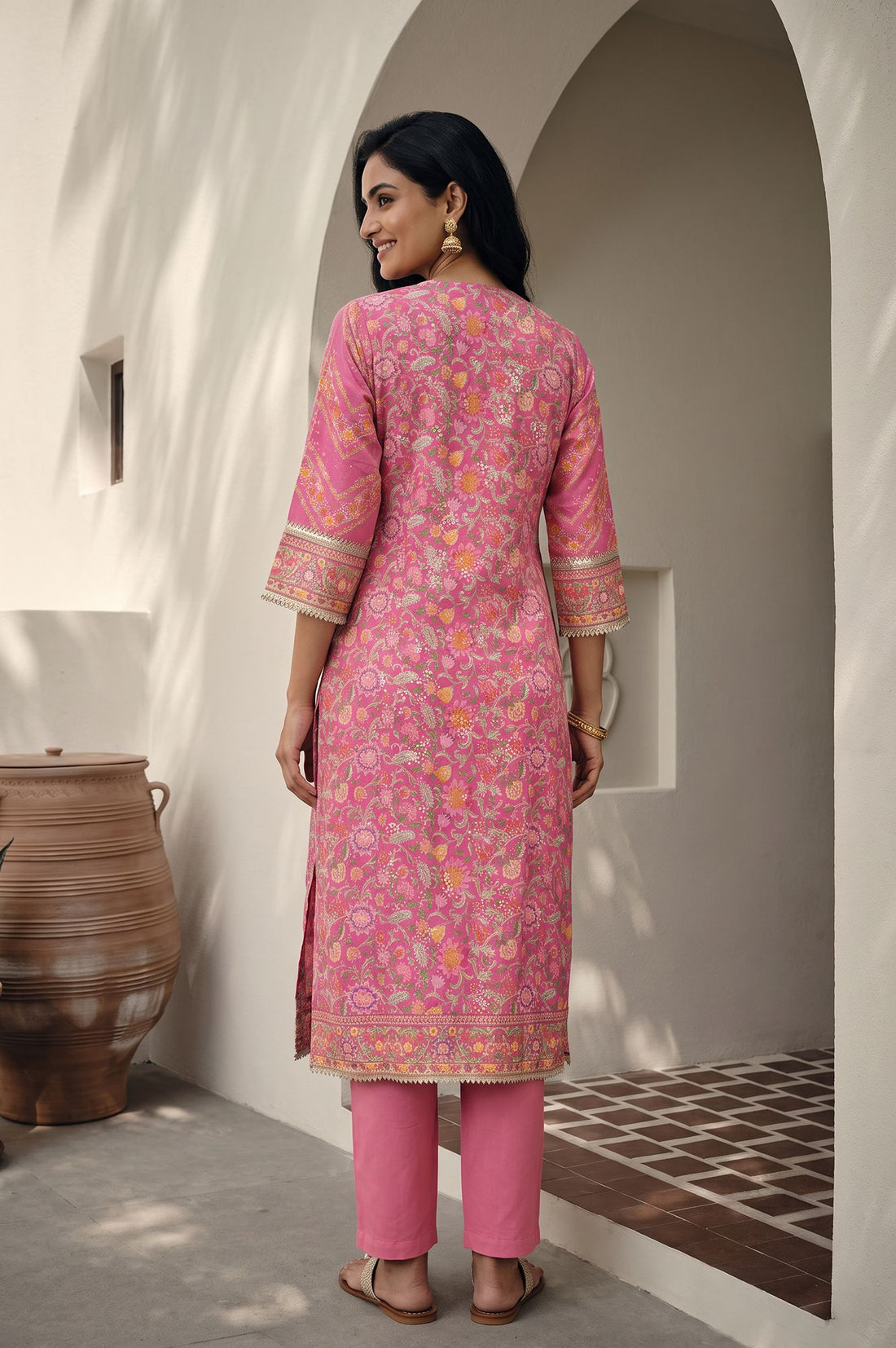 Pink Floral Printed Sequins Silk Straight Kurta