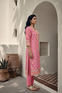 Pink Floral Printed Sequins Silk Straight Kurta